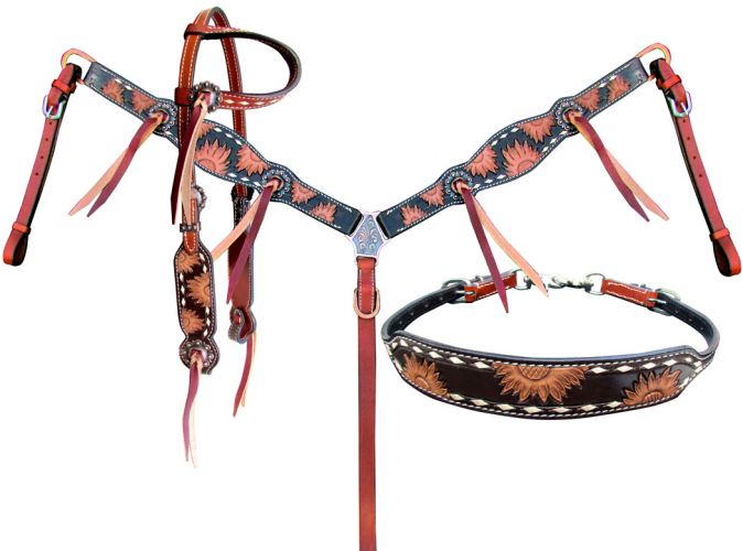 Showman Engraved Sunflower Leather Single Ear headstall and breastcollar set